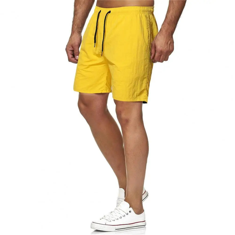 Men Shorts Quick Dry Solid Cotton Drawstring Pockets Beach Fitness Yellow Shorts