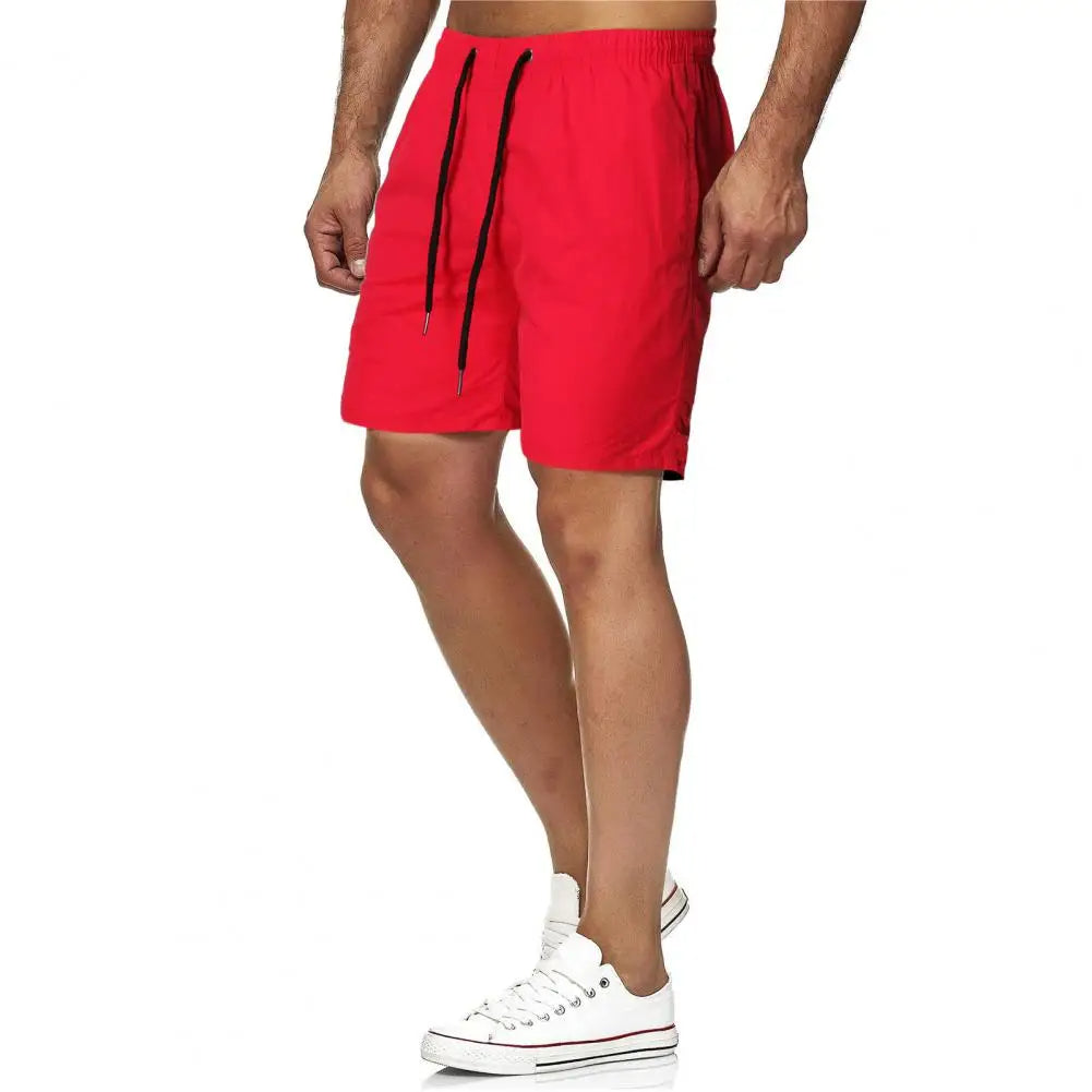 Men Shorts Quick Dry Solid Cotton Drawstring Pockets Beach Fitness Red Shorts